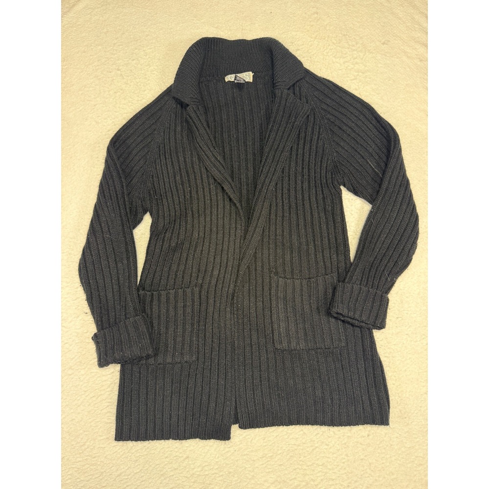GAS Sweaters Black Ribbed Knit Open Front Cardigan Jacket Large Vintage Style